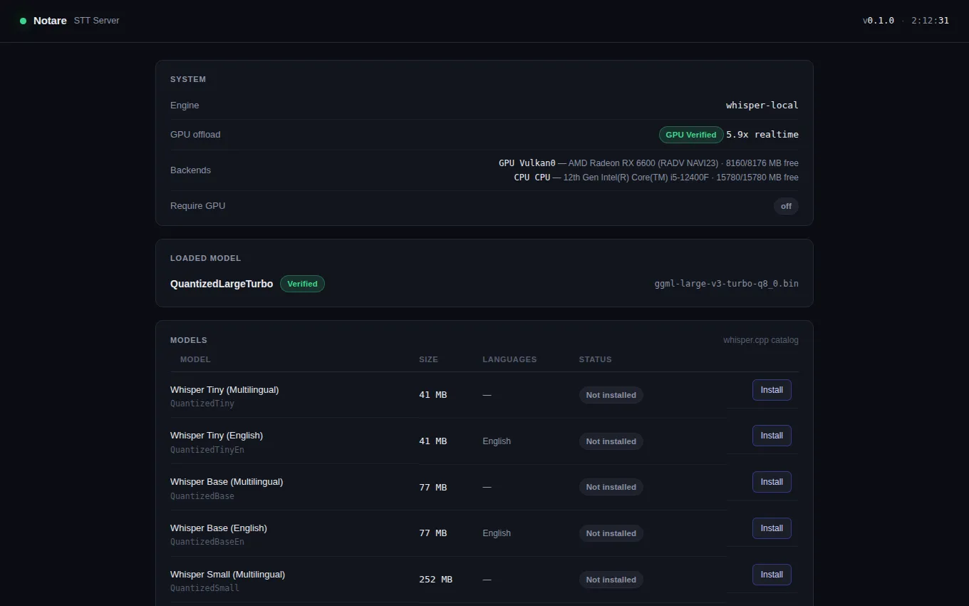 Notare's self-hosted server admin page